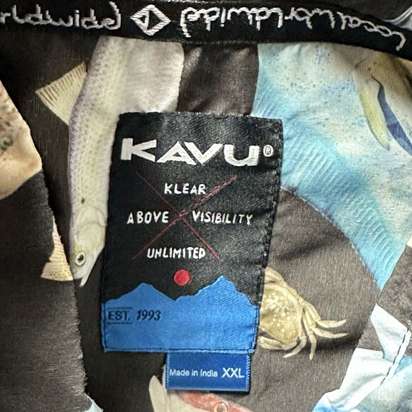 KAVU Shirt Men XXL Black Fish Marine Life Stretch Casual Outdoor AOP - Picture 9 of 11